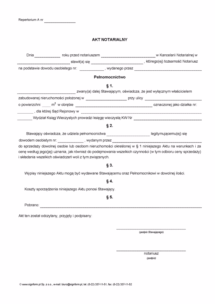 Jaka forma pełnomocnictwa jest wymagana do sprzedaży nieruchomości?